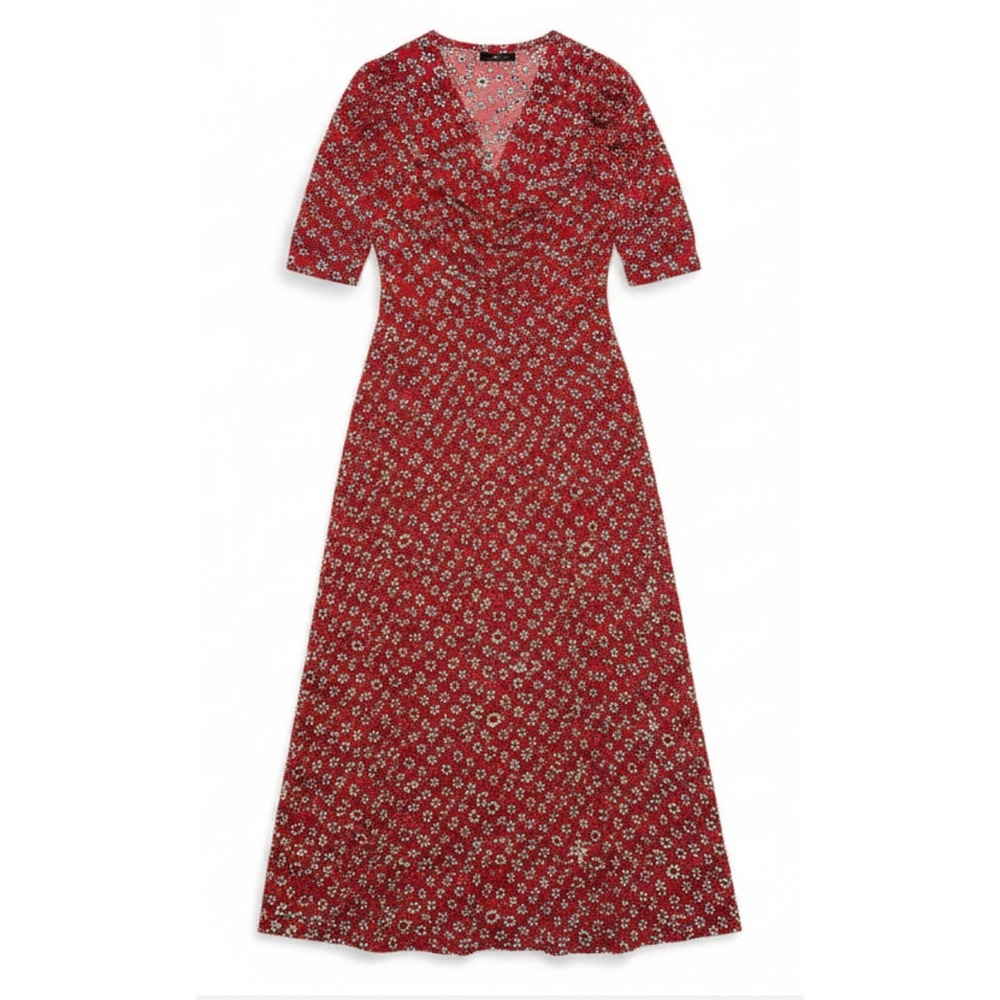EINII Red Ditsy Floral V-Neck Ruched‎ Midi Dress Womens Small Short Puff Sleeve